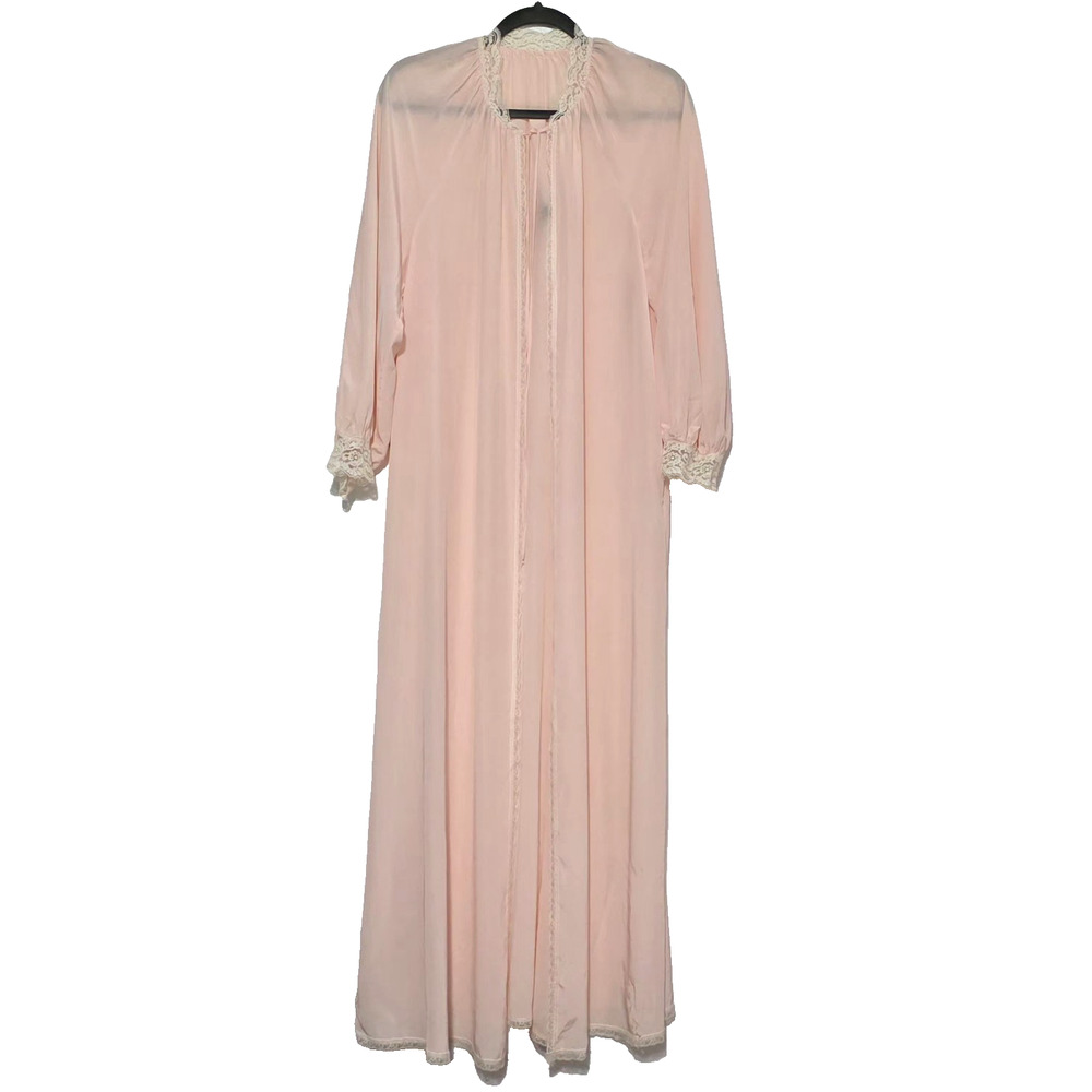 Vintage 1985 St Michael Peach Pink Peignoir Robe Lace Trim Made in UK Size 14/M